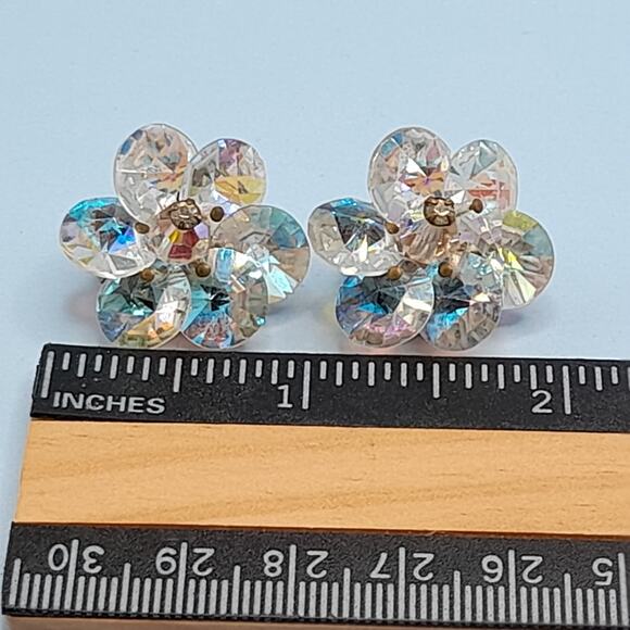 Vintage Aurora Borealis Clip-On Earrings Floral Crystal Beads 1950s Jewelry - Picture 8 of 11